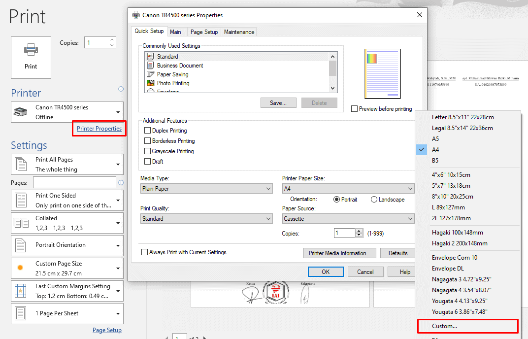 Pengaturan Ukuran Kertas di Pengaturan Printer