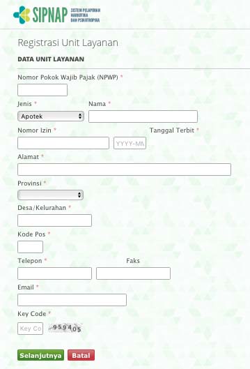 Form Data Unit Layanan Registrasi Akun SIPNAP